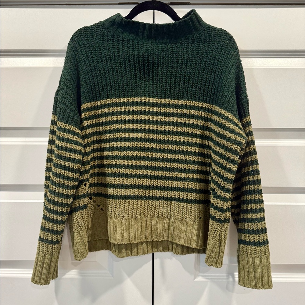 Wonderly Forest Green and Beige Striped Turtleneck Sweater